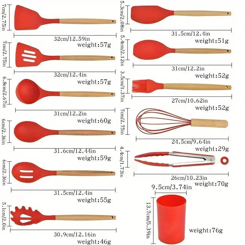 12 Utensílios de Cozinha de Silicone com Cabo de Madeira Verde e Rosa, Conjunto - Haustter - Haustter
