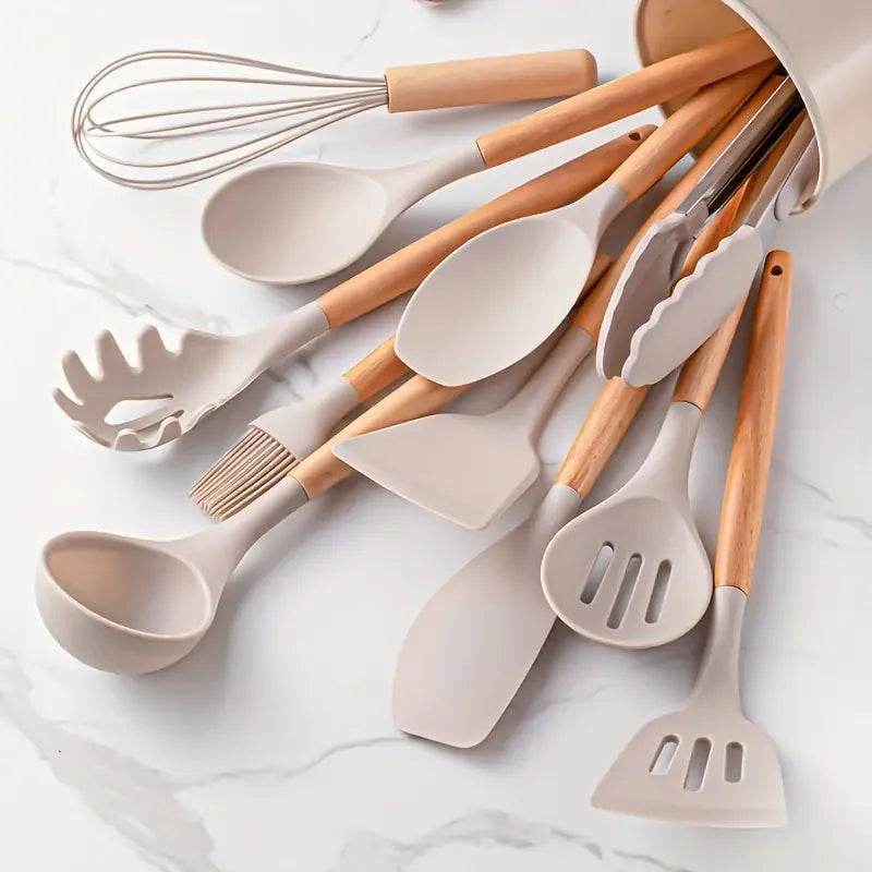 12 Utensílios de Cozinha de Silicone com Cabo de Madeira, Conjunto - Haustter - Haustter