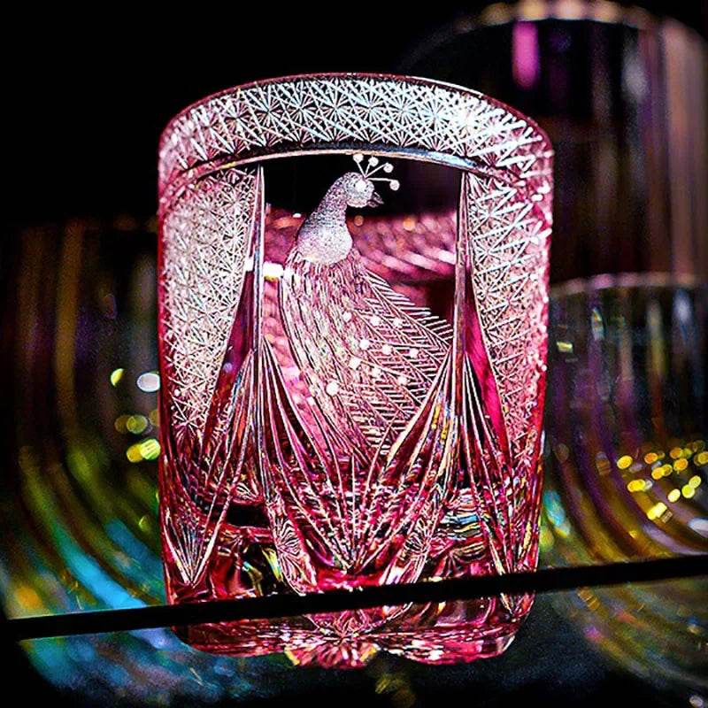 Copo de Vidro Âmbar Japonês Edo Kiriko Pavão - Haustter - Haustter