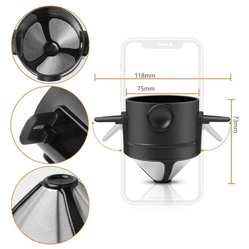 Coador de Café Portátil Dobrável, Filtro de Aço Inoxidável, Cafeteira Reutilizável, Mini Coador de Café Dobrável e Sem Papel - Haustter