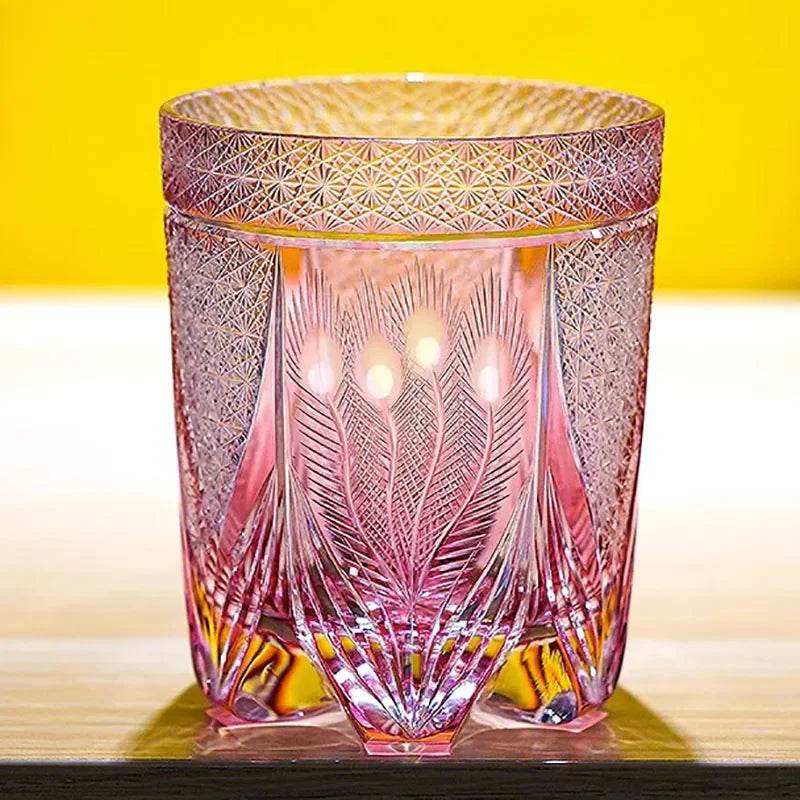 Copo de Vidro Âmbar Japonês Edo Kiriko Pavão - Haustter - Haustter