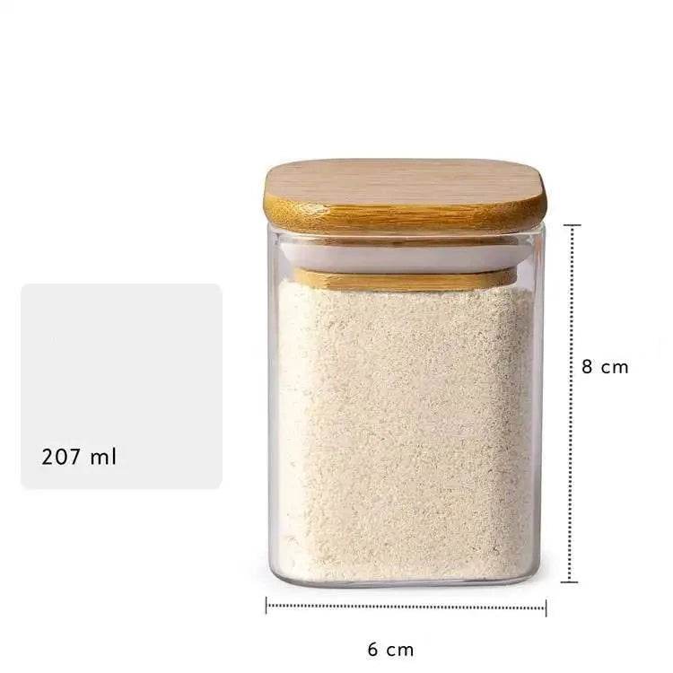 12 Potes de Vidro para Especiarias e Temperos, Retangulares com Tampa de Bambu, 8x6cm e 207ml - Haustter - Haustter
