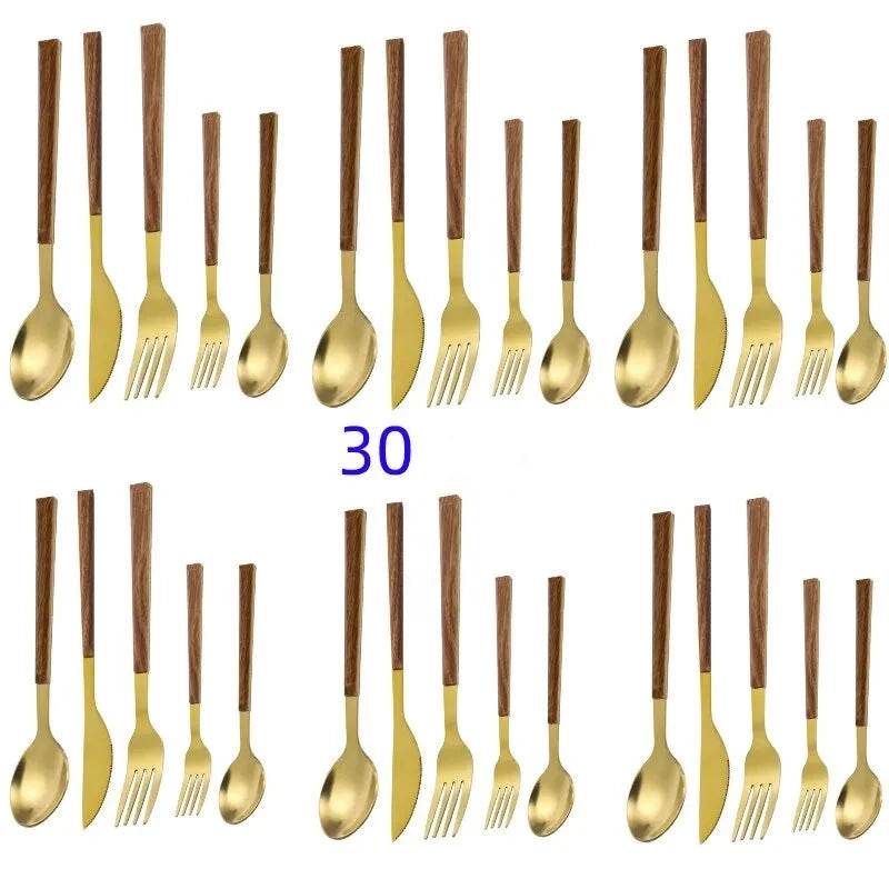 Conjunto de Talheres 30 Peças em Aço Inoxidável com Cabo Imitação Madeira, Jogo Completo para Jantar - Haustter - Haustter
