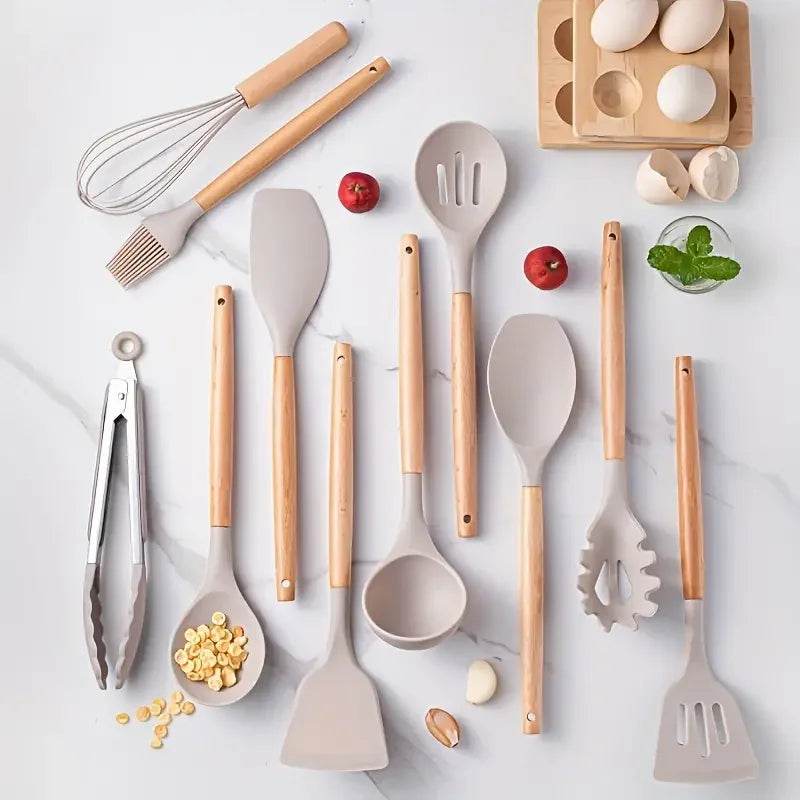 12 Utensílios de Cozinha de Silicone com Cabo de Madeira Verde e Rosa, Conjunto - Haustter - Haustter
