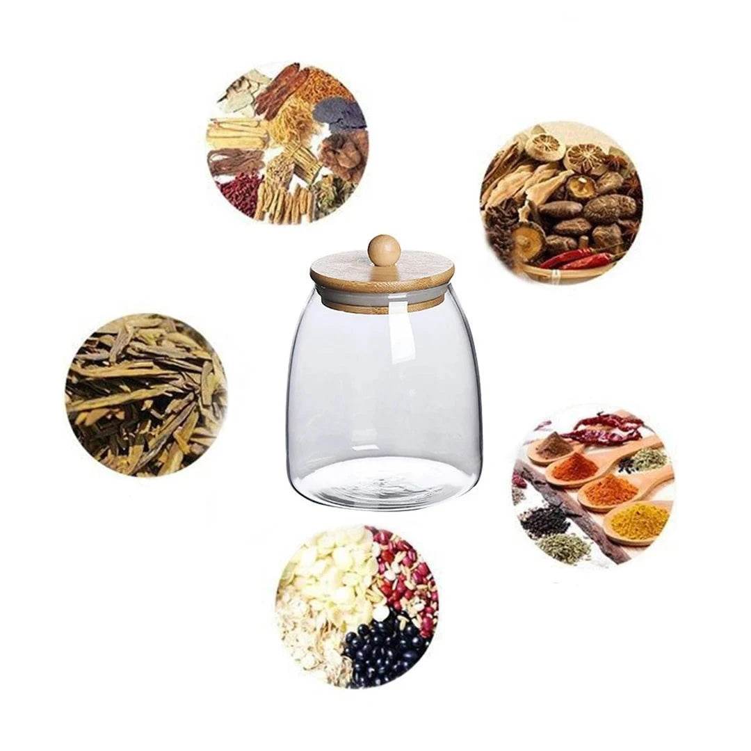 Pote de Armazenamento de Vidro com Puxador Oval e Tampa de Bambu - Haustter - Haustter