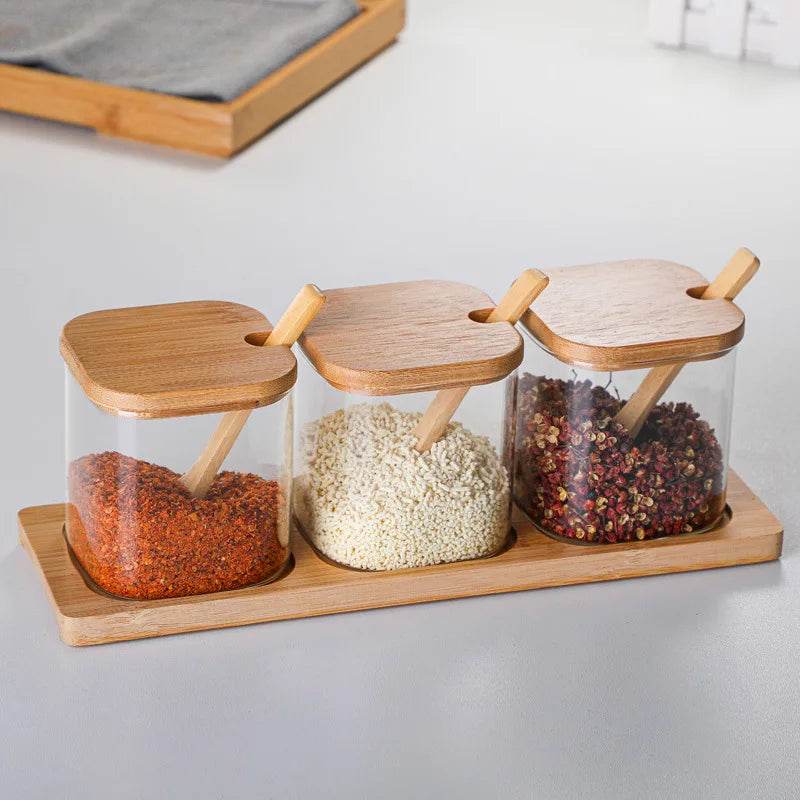 3 Potes de Vidro para Temperos com Colher de Bambu, Conjunto - Haustter - Haustter