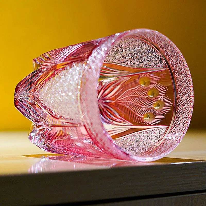 Copo de Vidro Âmbar Japonês Edo Kiriko Pavão - Haustter - Haustter