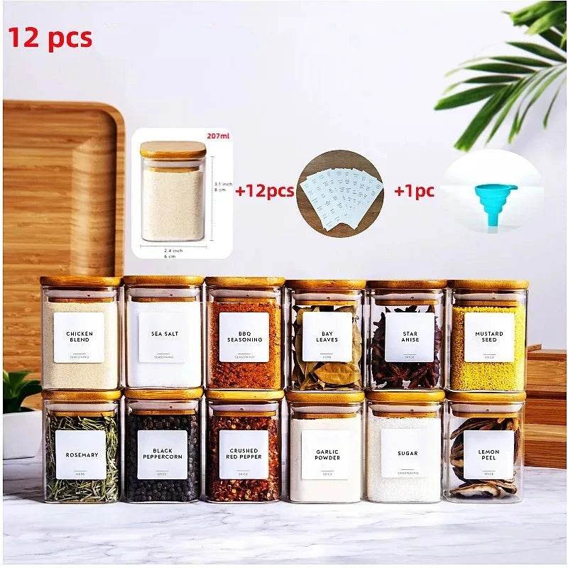 12 Potes de Vidro para Especiarias e Temperos, Retangulares com Tampa de Bambu, 8x6cm e 207ml - Haustter - Haustter