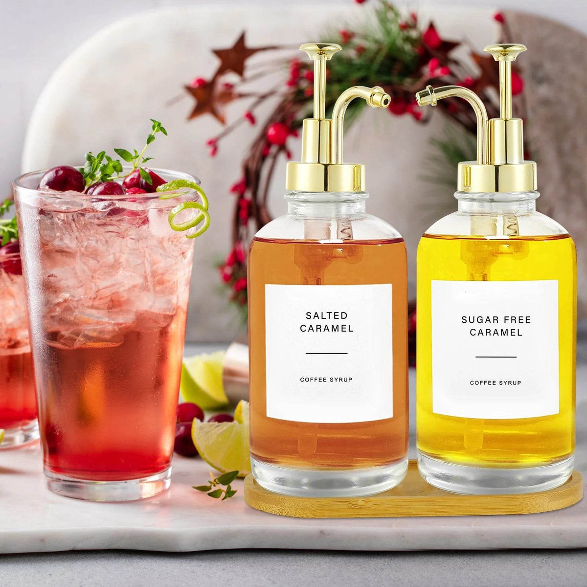 2 Dispensadores de Xarope com Bandeja de Bambu, Conjunto - Haustter - Haustter