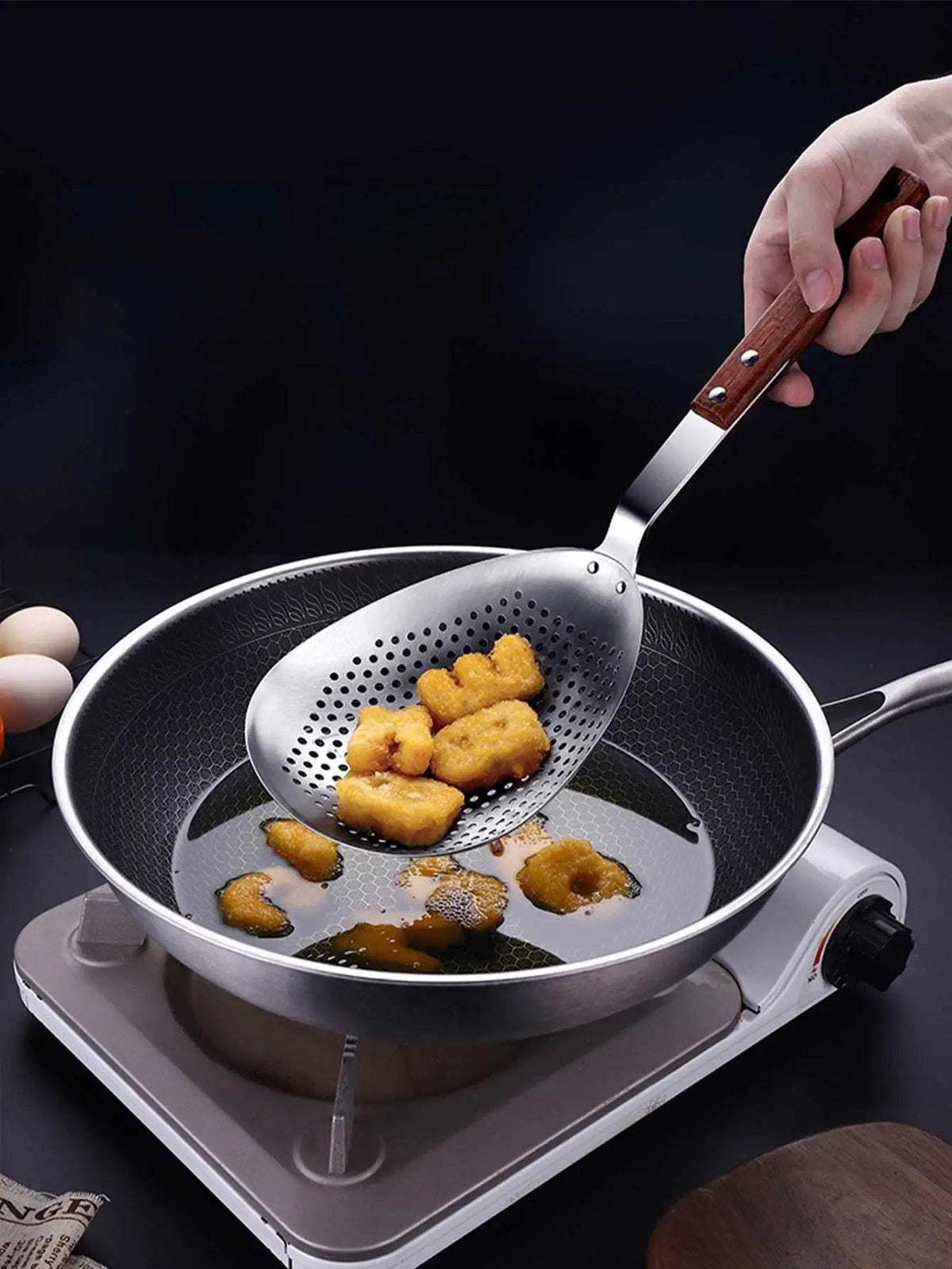 Escumadeira de Aço Inoxidável com Cabo de Madeira - Haustter - Haustter