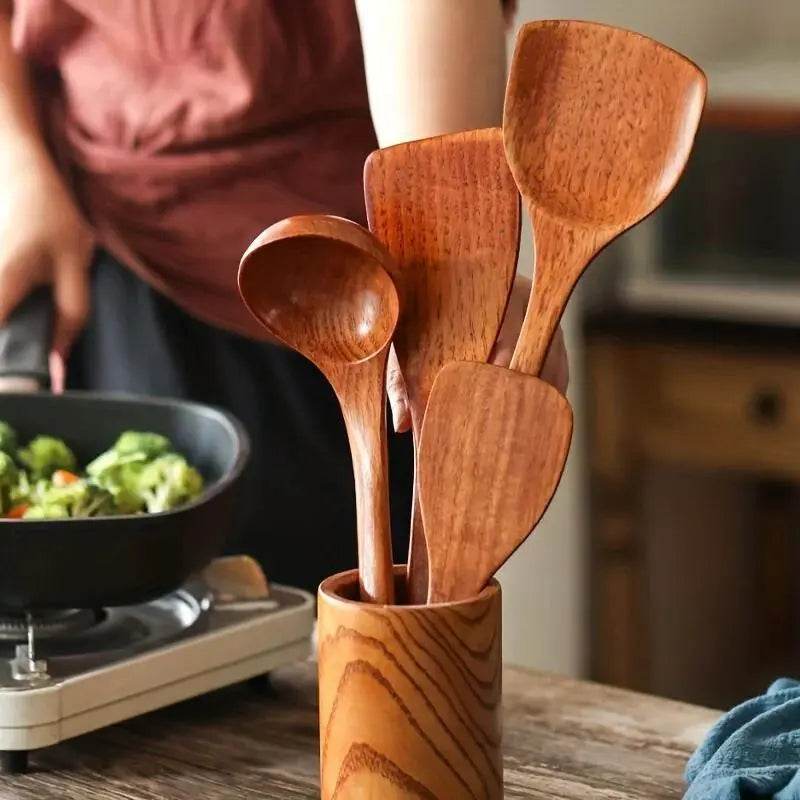 Colher de Pau e Conjunto de Utensílios de Cozinha com 4 Peças em Madeira, Pá, Colher, Espátula e Concha para Panelas Antiaderentes - Haustter - Haustter