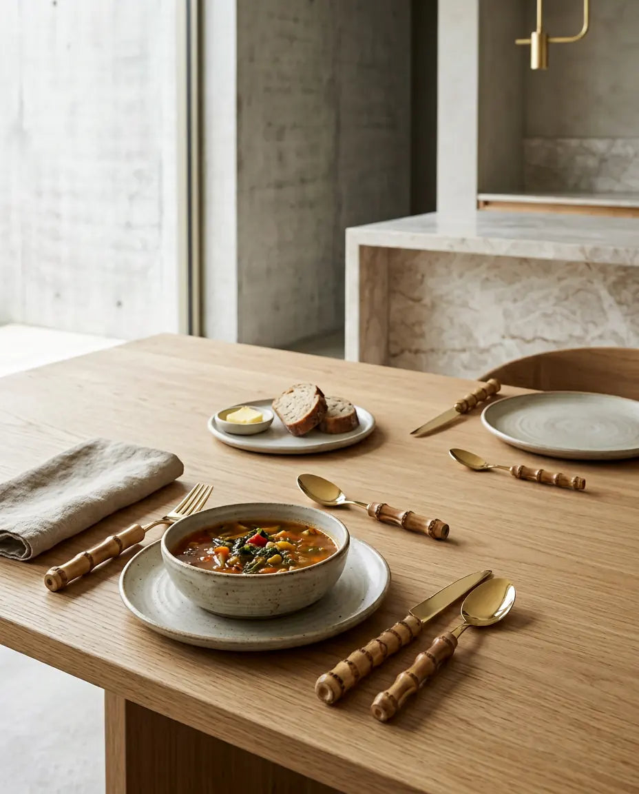 24 Talheres Dourados e Prata Inox com Cabo de Bambu, Conjunto - Haustter