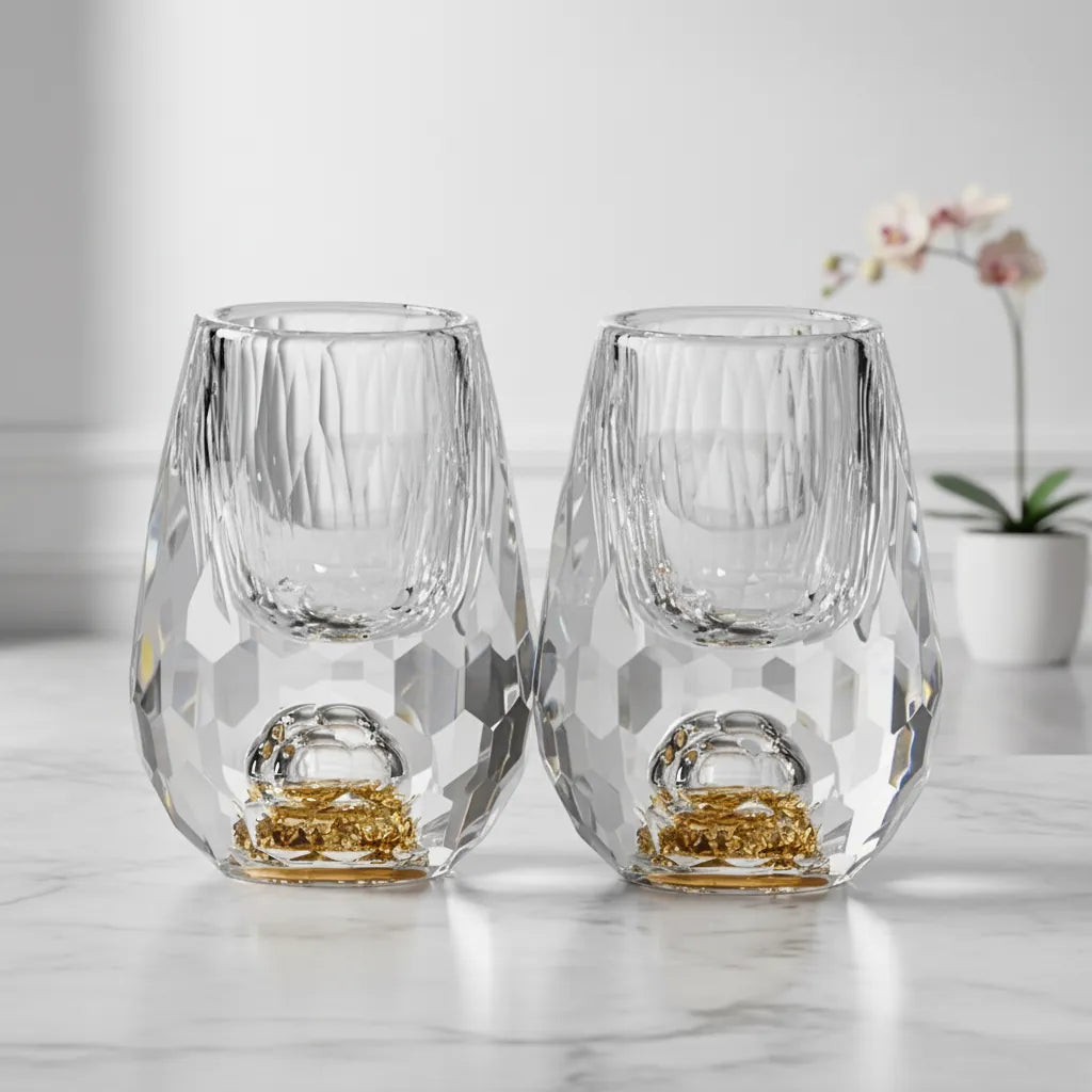 Copo Diamante Luxo com Fundo Duplo e Lascas Douradas para Baijiu, Licor, Cachaça, Tequila e Shots | Haustter