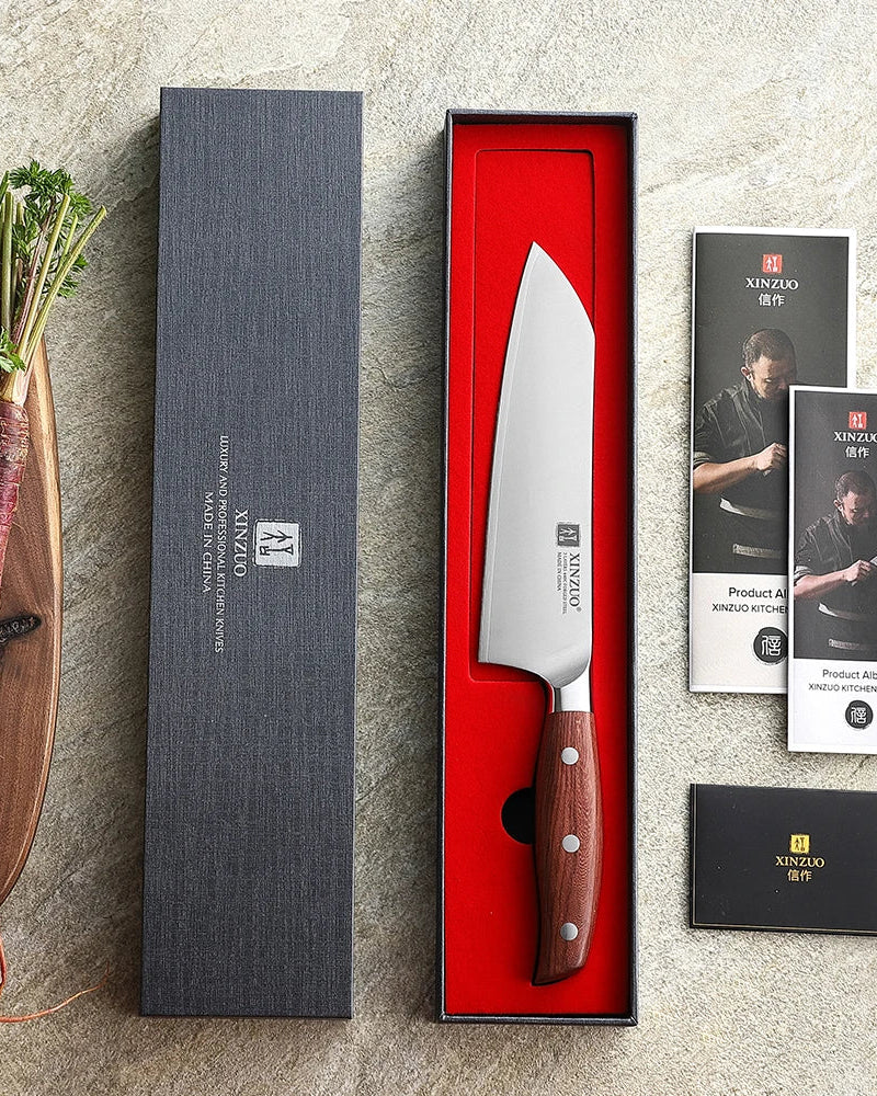 Faca Santoku angular 7.1 em aço composto e cabo de madeira vermelha