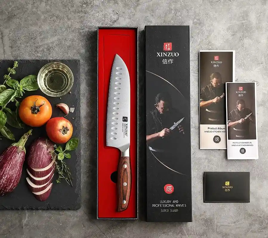 Faca Santoku XINZUO 7" em Aço Inox com Cabo de Sândalo Vermelho | Haustter