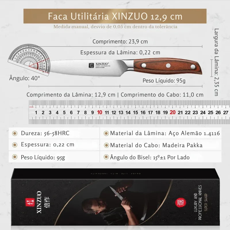 Faca Utilitária XINZUO Zhi 5" em Aço Alemão com Cabo de Madeira Pakka | Haustter