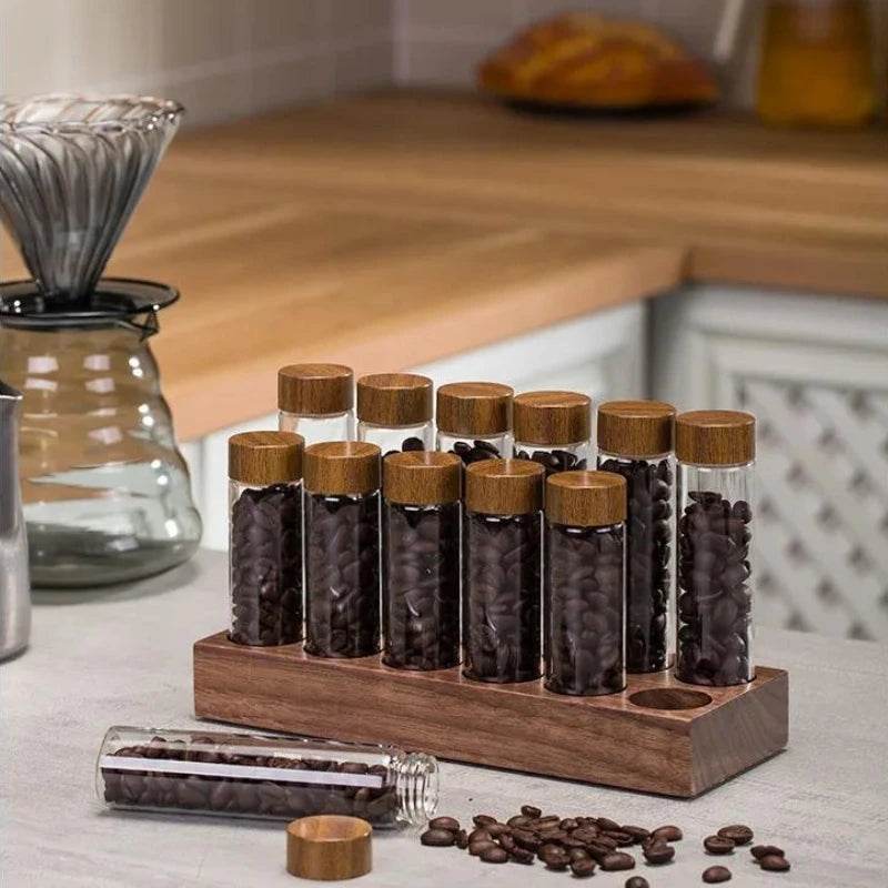 Frascos de Grãos de Café e Temperos com Estante de Nogueira - Haustter - Haustter