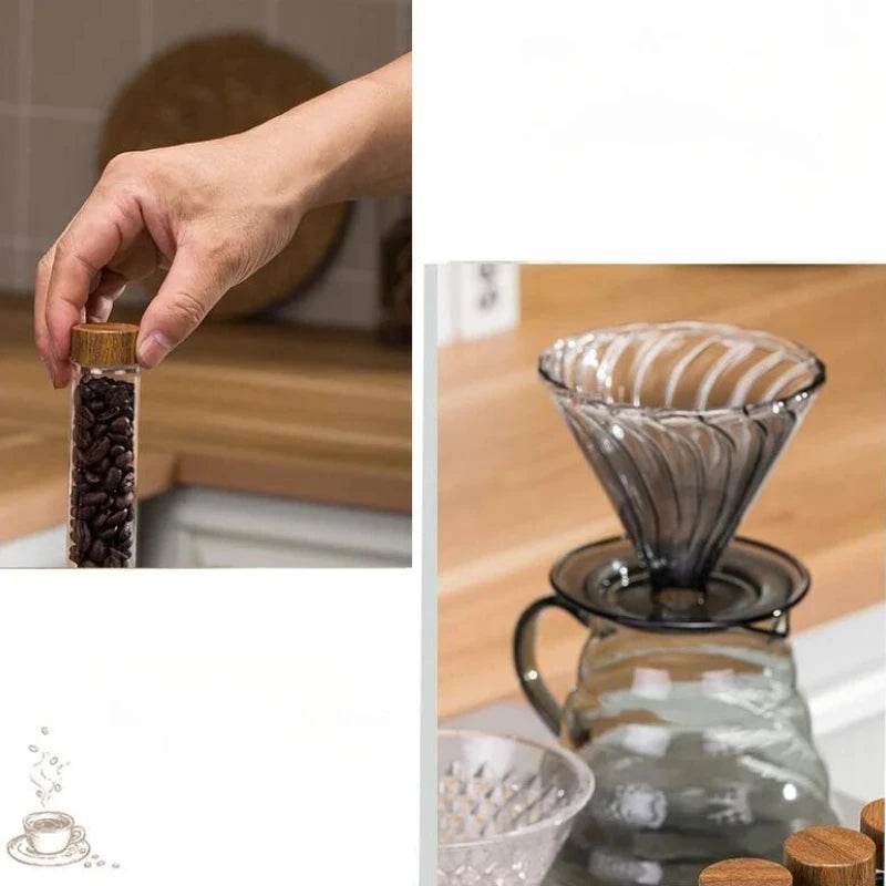 Frascos de Grãos de Café e Temperos com Estante de Nogueira - Haustter - Haustter