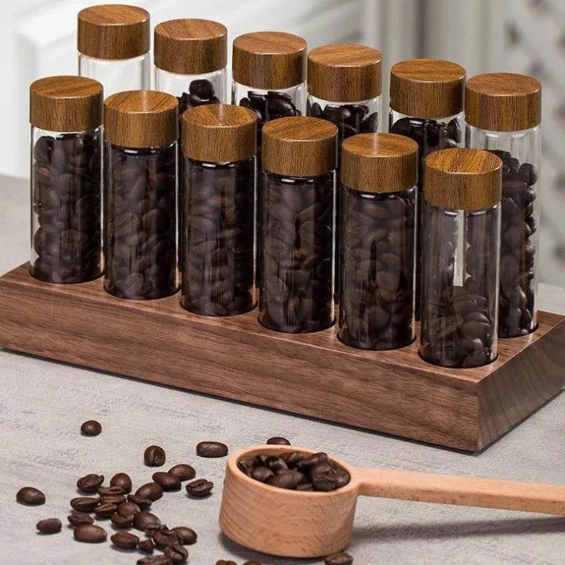 Frascos de Grãos de Café e Temperos com Estante de Nogueira - Haustter - Haustter