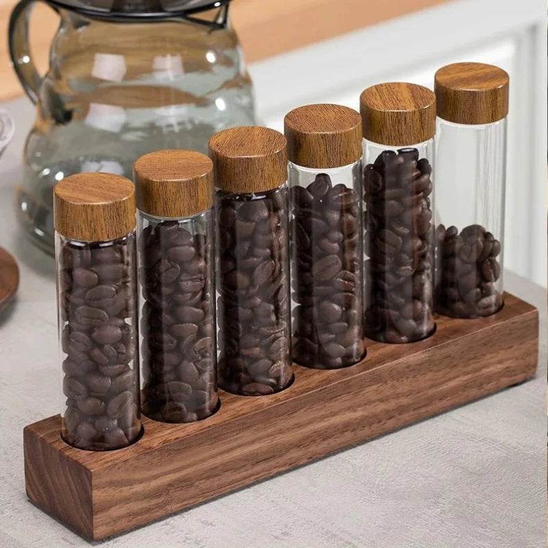 Frascos de Grãos de Café e Temperos com Estante de Nogueira - Haustter - Haustter