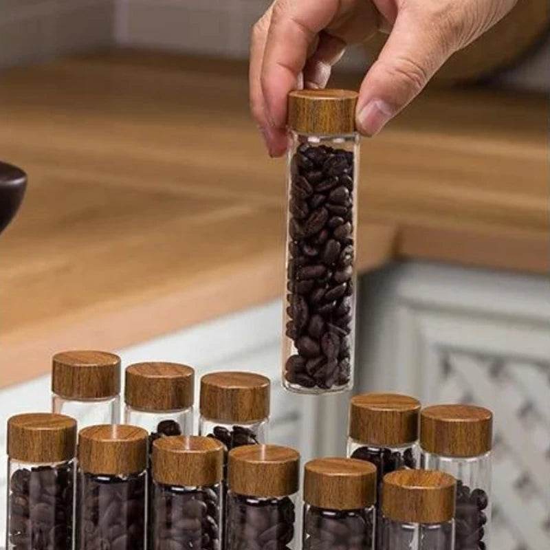 Frascos de Grãos de Café e Temperos com Estante de Nogueira - Haustter - Haustter