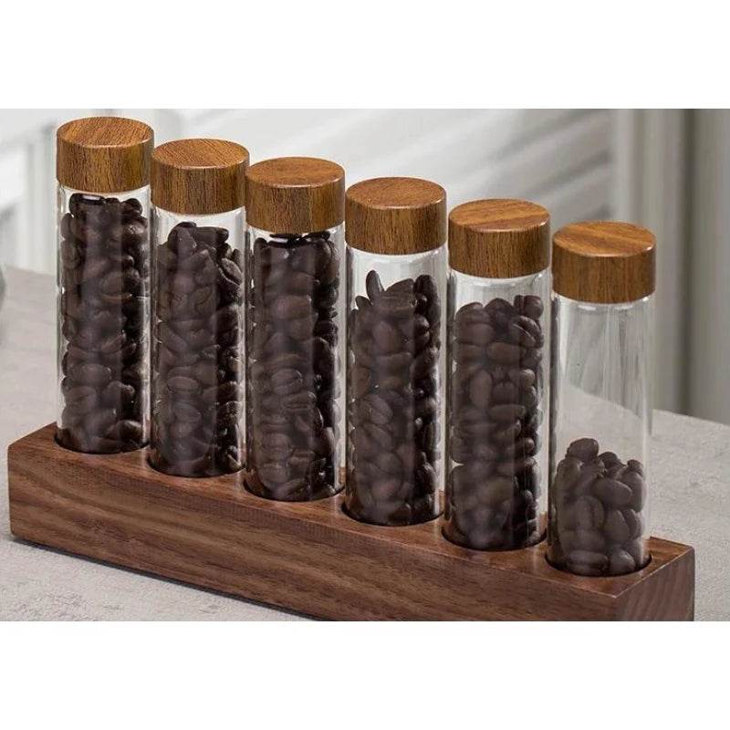 Frascos de Grãos de Café e Temperos com Estante de Nogueira - Haustter - Haustter
