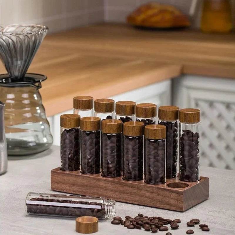 Frascos de Grãos de Café e Temperos com Estante de Nogueira - Haustter - Haustter