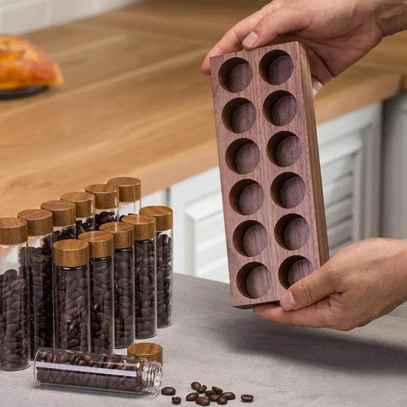 Frascos de Grãos de Café e Temperos com Estante de Nogueira - Haustter - Haustter