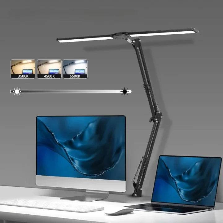 Lâmpada de Mesa LED Dupla Cabeça para Home Office, Lâmpada de Arquiteto com Braço Articulado e Grampo, 3 Iluminações - Haustter - Haustter