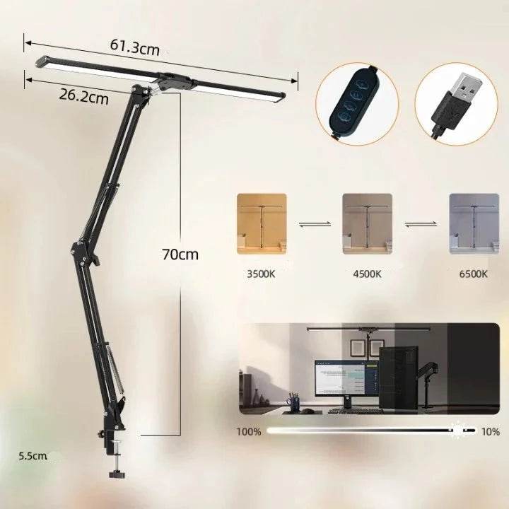 Lâmpada de Mesa LED Dupla Cabeça para Home Office, Lâmpada de Arquiteto com Braço Articulado e Grampo, 3 Iluminações - Haustter - Haustter