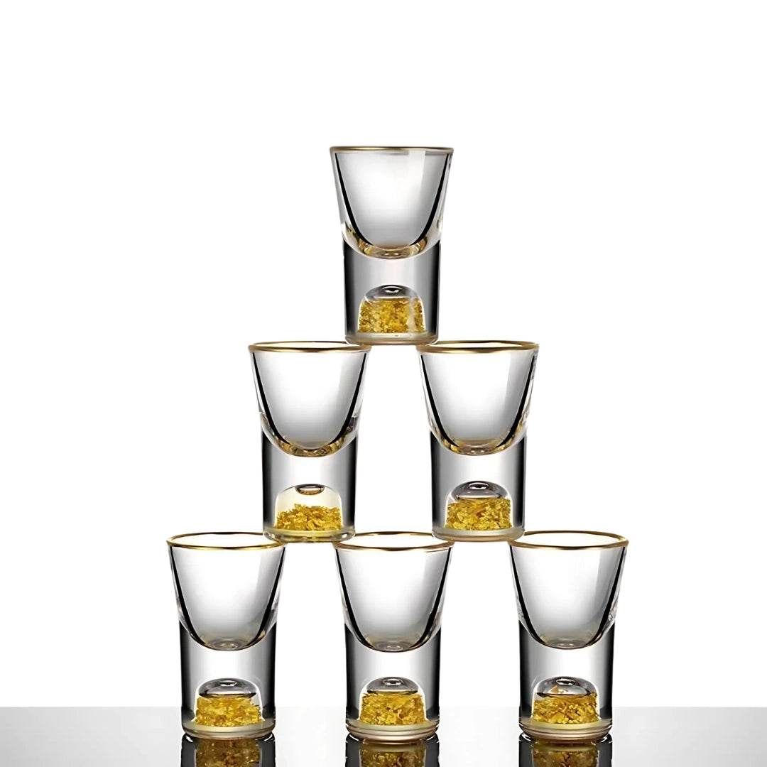 Mini Copos de Shot de Saque e Licor com Borda Dourada e Folhas Reluzentes - Haustter - Haustter