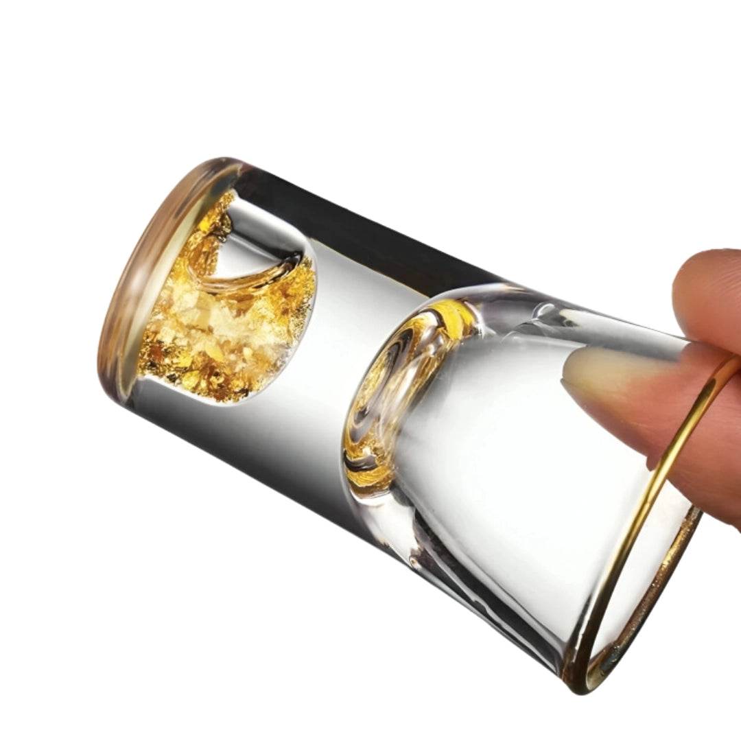 Mini Copos de Shot de Saque e Licor com Borda Dourada e Folhas Reluzentes - Haustter - Haustter