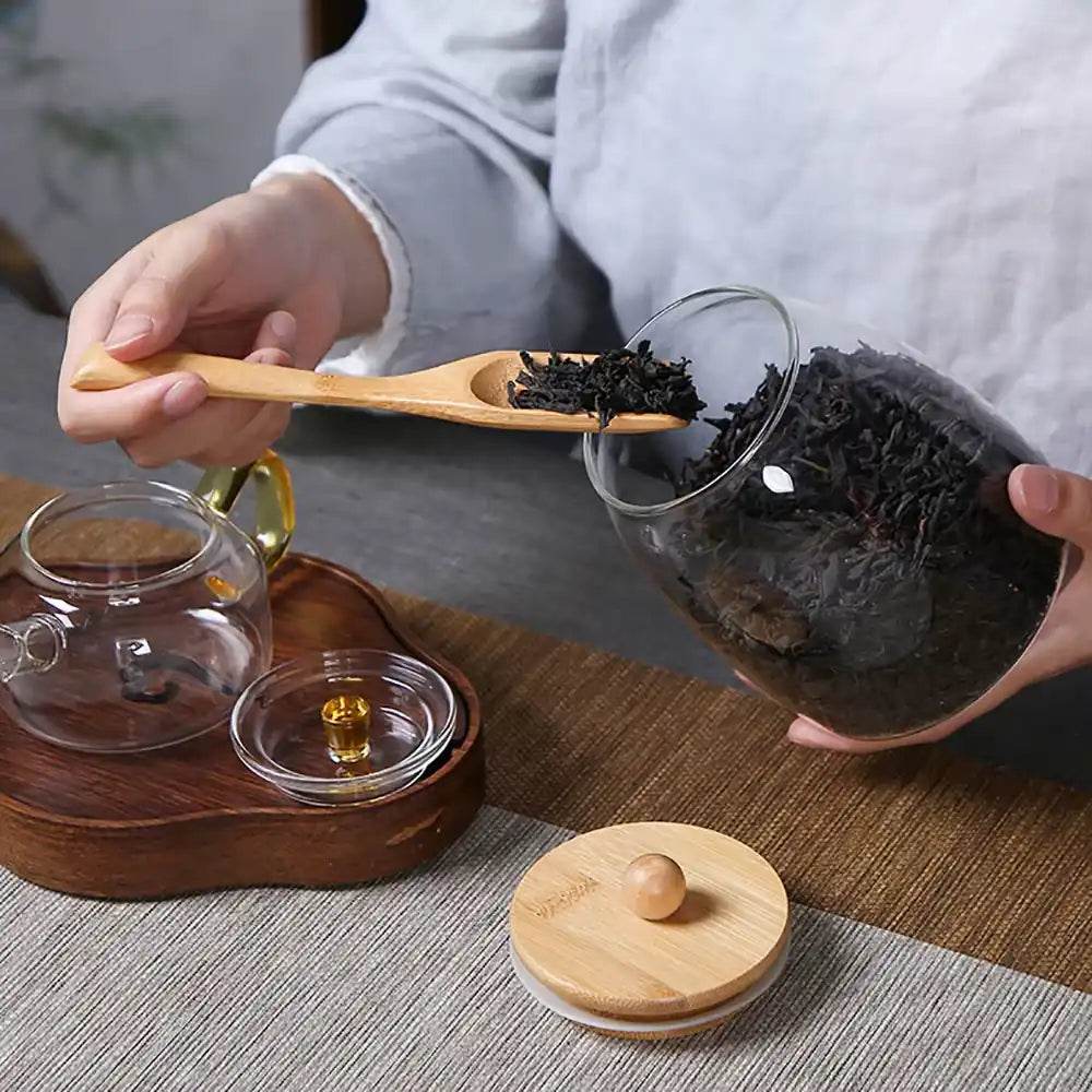 Pote de Armazenamento de Vidro com Puxador Oval e Tampa de Bambu - Haustter - Haustter