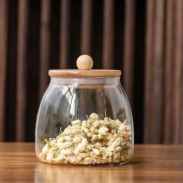 Pote de Armazenamento de Vidro com Puxador Oval e Tampa de Bambu - Haustter - Haustter