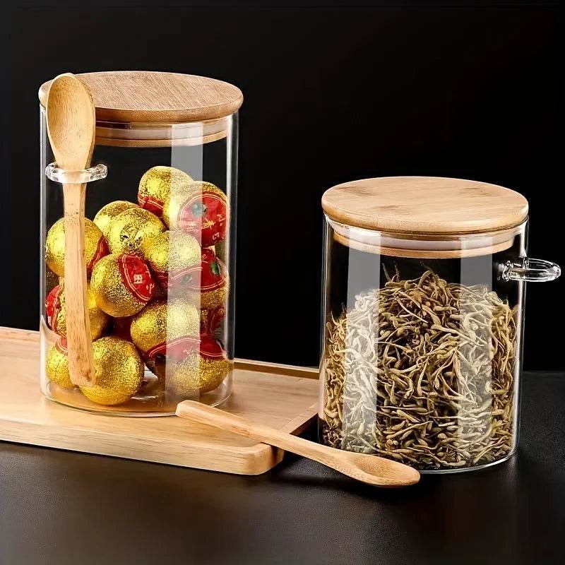Pote de Vidro com Tampa e Colher de Bambu, Potes Transparentes para Especiarias, Temperos, Doces e Armazenamento de Alimentos - Haustter - Haustter