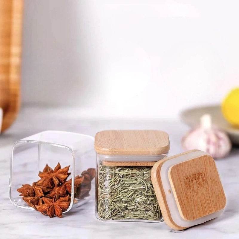 12 Potes de Vidro para Especiarias, Conjunto de Potes Quadrados com Tampas de Bambu, Recipientes para Armazenamento de Temperos - Haustter - Haustter