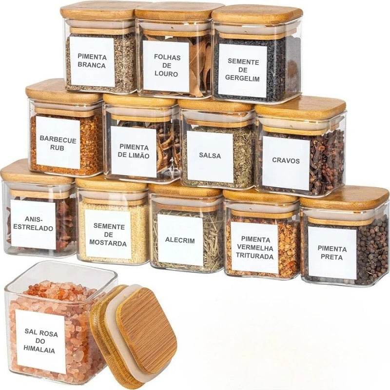 12 Potes de Vidro para Especiarias, Conjunto de Potes Quadrados com Tampas de Bambu, Recipientes para Armazenamento de Temperos - Haustter - Haustter