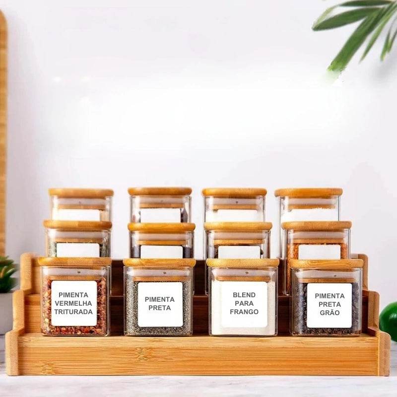 12 Potes de Vidro para Especiarias, Conjunto de Potes Quadrados com Tampas de Bambu, Recipientes para Armazenamento de Temperos - Haustter - Haustter