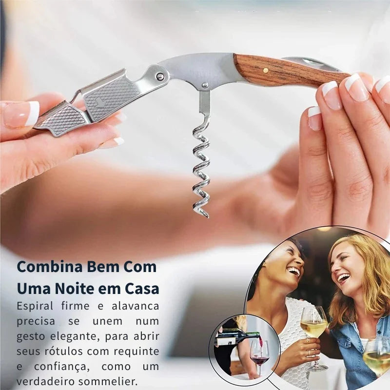 Saca-Rolhas Sommelier com Cabo de Madeira e Dobradiça Dupla em Aço Inoxidável | Haustter