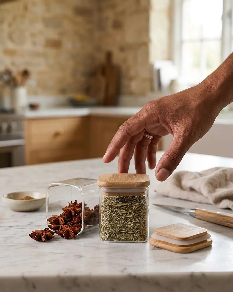 12 Potes de Vidro Quadrados com Tampas de Bambu para Temperos