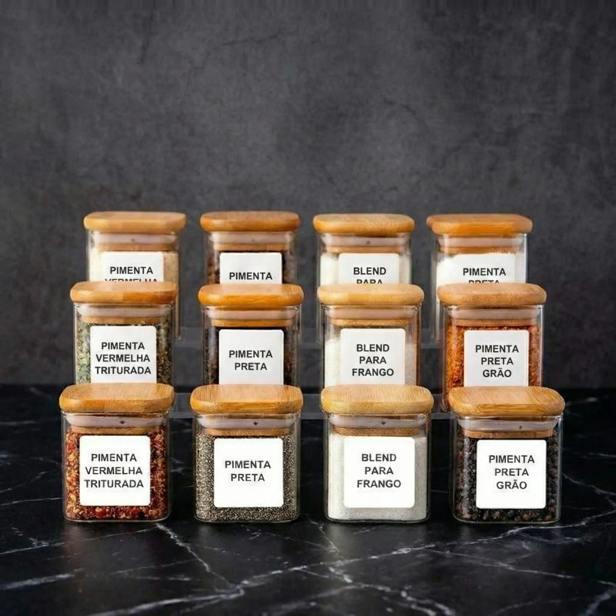 12 Potes de Vidro Quadrados com Tampas de Bambu para Temperos