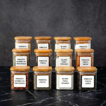 12 Potes de Vidro Quadrados com Tampas de Bambu para Temperos