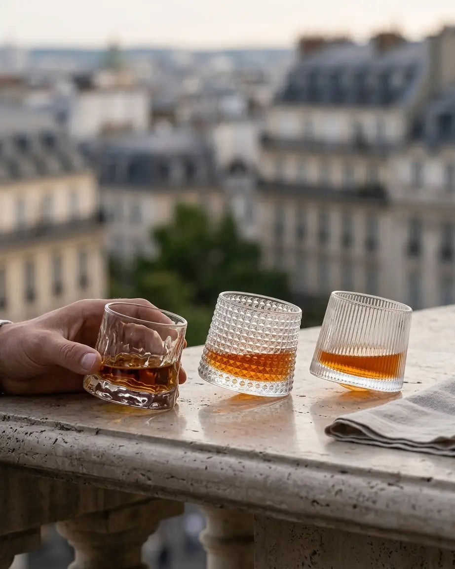 3 Copos de Whisky Giratórios Listras Verticais, Orgânicos e Multi Prismas, Conjunto - Haustter