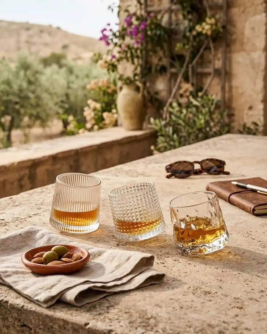 3 Copos de Whisky Giratórios Listras Verticais, Orgânicos e Multi Prismas, Conjunto - Haustter