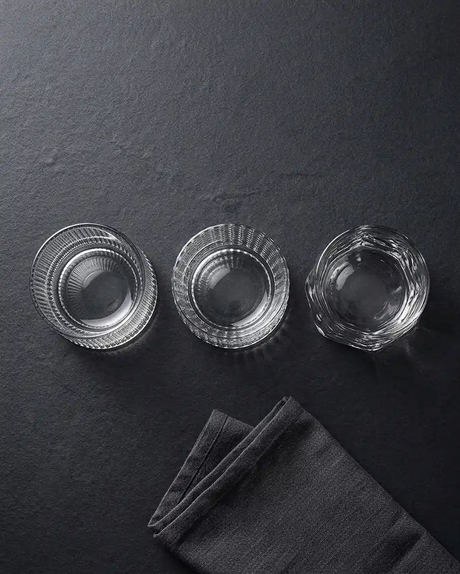 3 Copos de Whisky Giratórios Listras Verticais, Orgânicos e Multi Prismas, Conjunto - Haustter