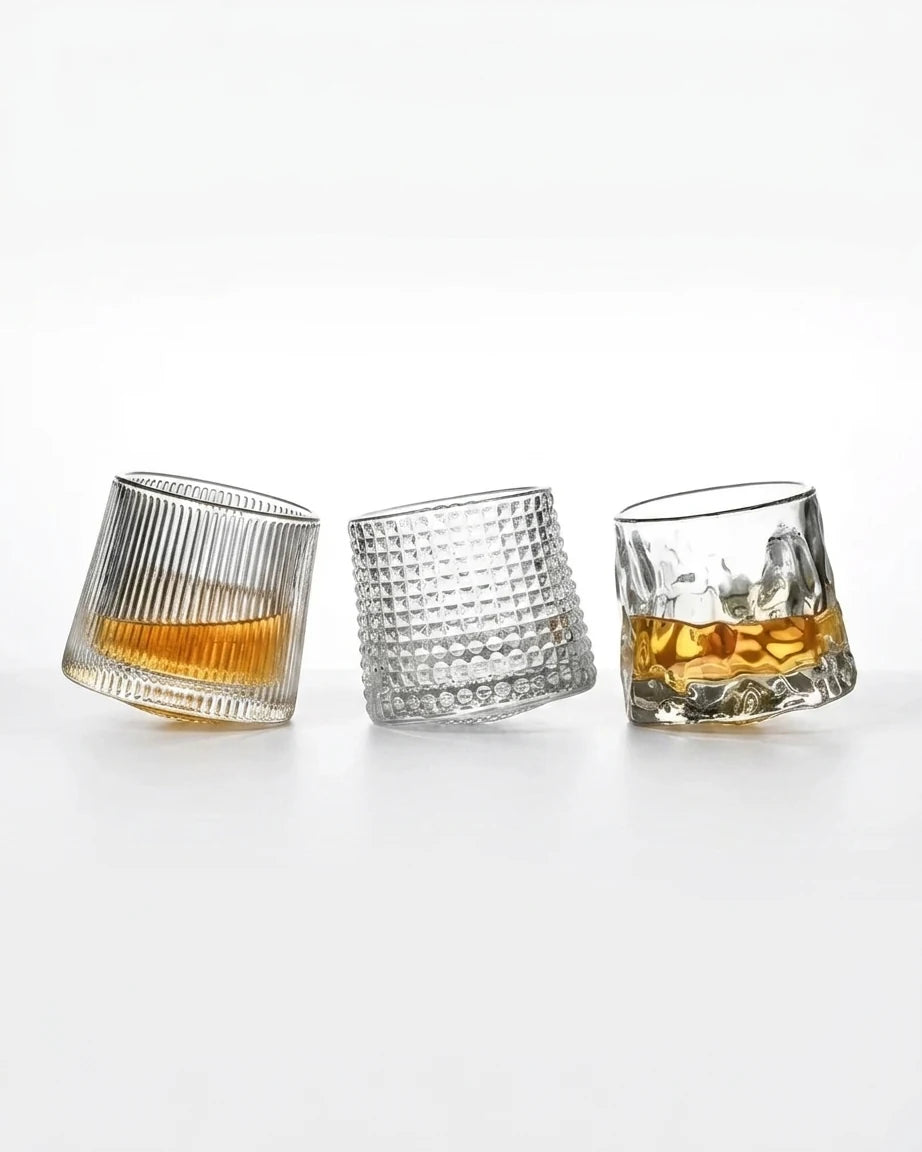 3 Copos de Whisky Giratórios Listras Verticais, Orgânicos e Multi Prismas, Conjunto - Haustter