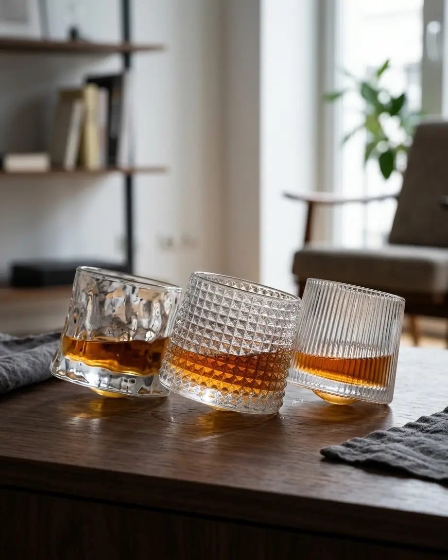 3 Copos de Whisky Giratórios Listras Verticais, Orgânicos e Multi Prismas, Conjunto - Haustter