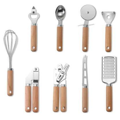 9 Utensílios de Cozinha Inox com Cabo de Madeira, Conjunto - Haustter