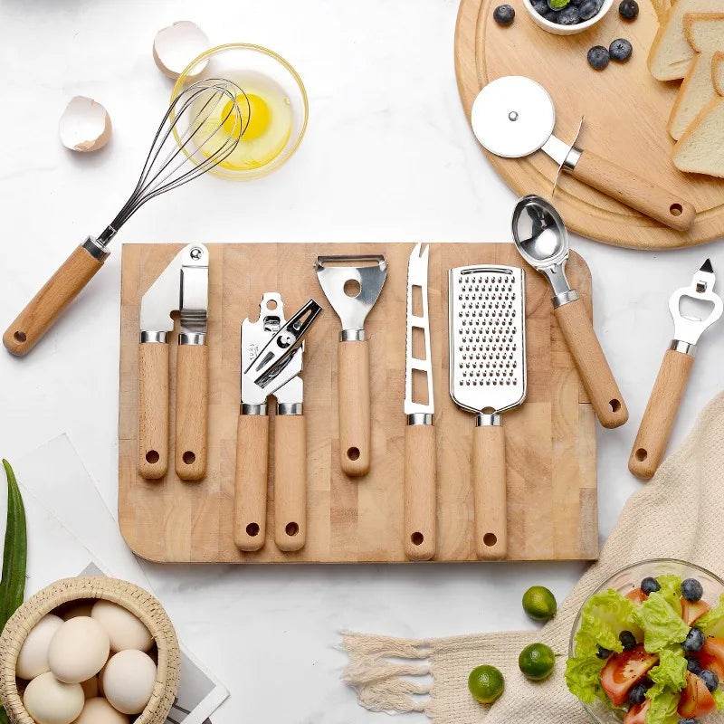 9 Utensílios de Cozinha Inox com Cabo de Madeira, Conjunto - Haustter - Haustter