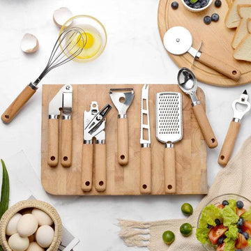 9 Utensílios de Cozinha Inox com Cabo de Madeira, Conjunto - Haustter - Haustter